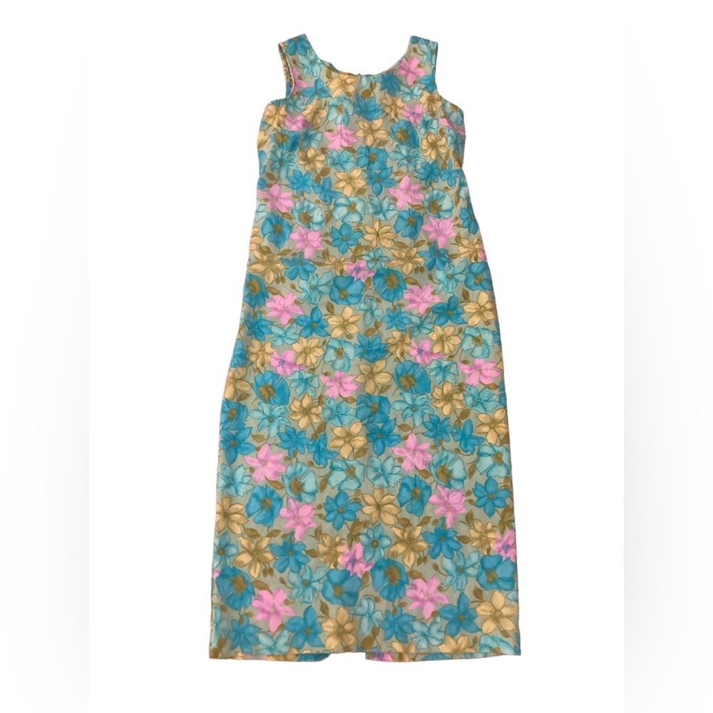 VINTAGE SLEEVELESS FLORAL BLUE GREEN PURPLE DRESS-size XL- Beautiful